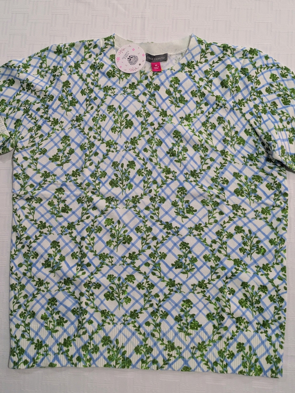 Vince Camuto White Crewneck Sweater with Blue Plaid and Green Floral Print